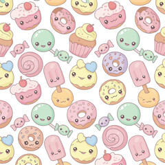 A seamless pattern on a white background with colorful kawaii cupcakes, donuts, lollipops, ice pops, and candies.