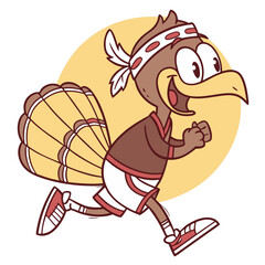 A cheerful cartoon turkey jogs with a big smile, wearing a headband and athletic gear—perfect for fun Thanksgiving and fitness-themed designs.