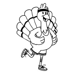 A cheerful cartoon turkey jogs with a big smile, wearing a headband and athletic gear—perfect for fun Thanksgiving and fitness-themed designs.
