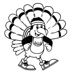 A cheerful cartoon turkey jogs with a big smile, wearing a headband and athletic gear—perfect for fun Thanksgiving and fitness-themed designs.