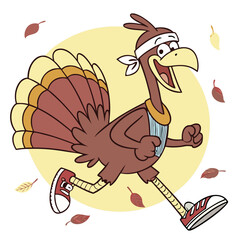 A cheerful cartoon turkey jogs with a big smile, wearing a headband and athletic gear—perfect for fun Thanksgiving and fitness-themed designs.