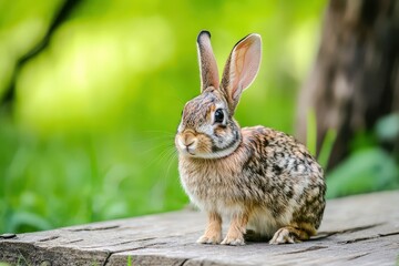 Obraz premium Wild rabbit resting on wooden surface in sunlight