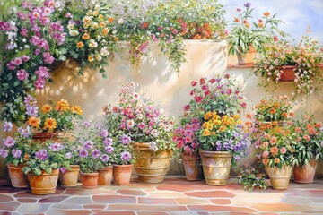 Vibrant Patio Flora: Inspiring Display of Colorful Blooming Pots in a Lush Garden Setting