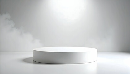 White Round Podium With Smoke in a Minimalist Studio Setting