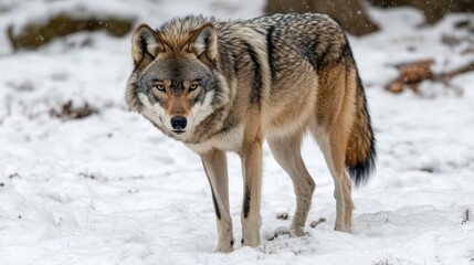Fototapeta premium Lone Wolf Under the Moonlight: A Majestic Scene of Nature's Wild Beauty in Winter Snow