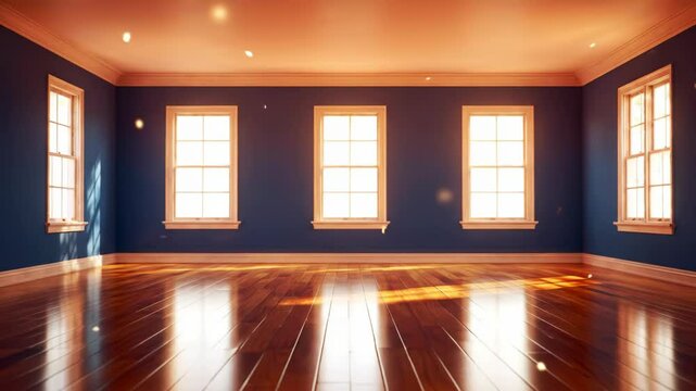 A bright, empty room with large windows and hardwood flooring.