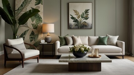 A serene living room with a neutral color palette and tropical botanical accents