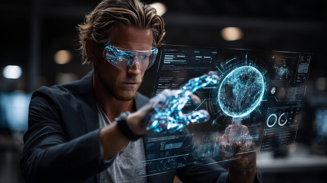Businessman holding global network connection on data science and predictive analytics, innovative strategy and smart data, advanced algorithms, Technology and global integration.