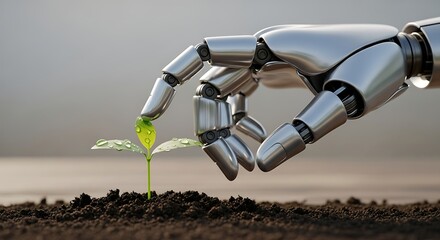 Robotic Hand Nurturing Seedling: AI Technology Cultivates New Life in Soil, Symbolizing Growth, Precision, and Technological Harmony with Nature's Cycle