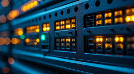 Close-Up View of Server Rack with Illuminated Lights and Network Equipment in Data Center
