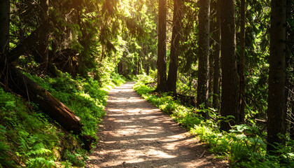 Obraz premium Sunlit Forest Path: A Serene Summer Walk