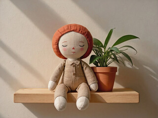 A cute linen doll with soft stitched features sitting on a light oak floating shelf.