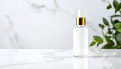 White Serum Bottle on Marble Surface with Eucalyptus Leaves
