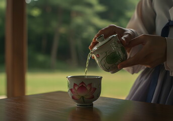 Lotus flower tea in a serene setting – ideal for spa menus, wellness blogs, herbal tea packaging, meditation visuals, and natural lifestyle content