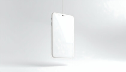 White Smartphone Hanging Against White Background