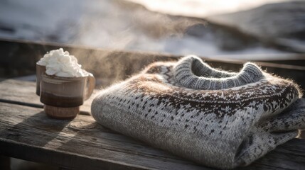 Traditional Icelandic wool sweater with snowflake patterns beside hot cocoa, evoking cozy winter warmth and cultural heritage.