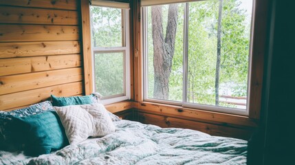 Rustic Retreat Interior: Cozy wooden cabin featuring a comfortable bed with plush pillows, offering a serene view of lush greenery through a clear window, perfect for relaxation.