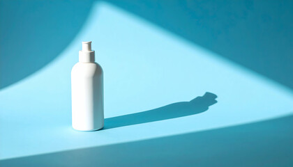 White Spray Bottle on Blue Background with Light and Shadow