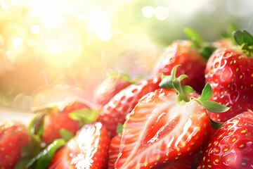 summer fruit composition, ripe strawberry halves, airy background