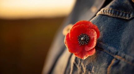 A red poppy on denim honors Memorial Day, with a flag softly behind, bathed in golden light. Remembrance and patriotism in a simple symbol.