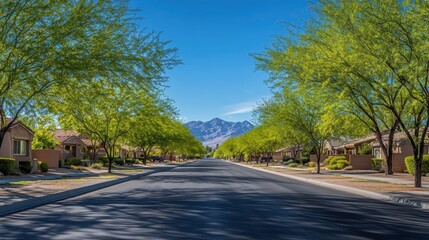 Tranquil Neighborhood Lane. Springtime Street Lined with Lush Trees Beneath a Bright Blue Sky in Southwestern USA