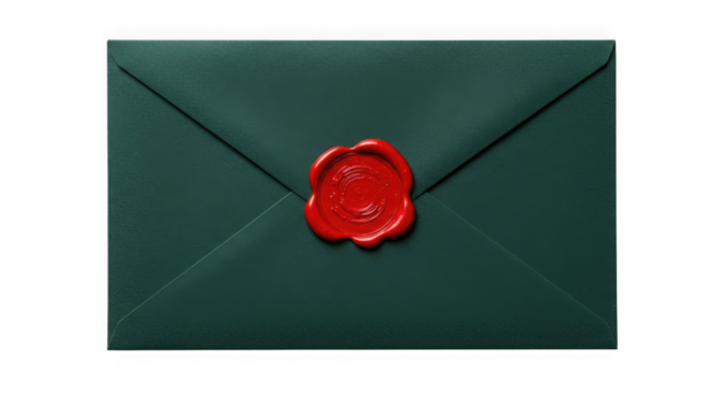 Dark green envelope sealed with a red wax seal on a transparent background studio shot