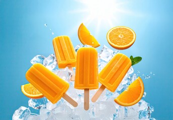 orange popsicles with ice on light blue background