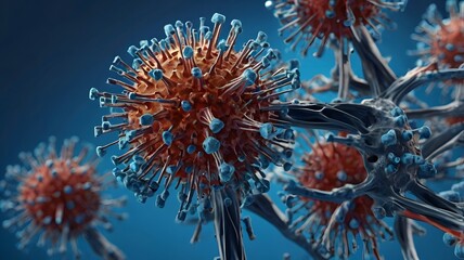3D Rendered Virus Particles in Blue Background