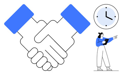 Large handshake symbolizing partnership, clock indicating time, and woman holding a clipboard pointing. Ideal for teamwork, collaboration, time management, negotiation, communication, business