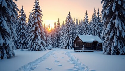 Naklejka premium a house in the middle of a snowy pine forest with a view of the sunrise