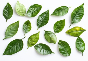 Obraz premium Fresh citrus leaves arranged on white background