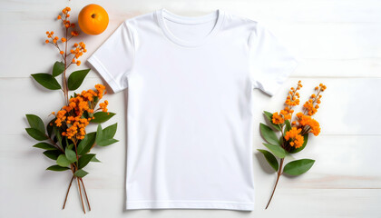 White T-Shirt Mockup with Orange Fruit and Flowers