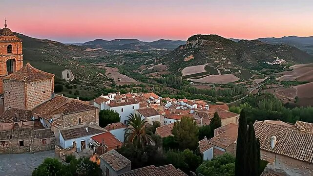 Picturesque village nestled in rolling hills at sunset, with church tower and terracotta roofs