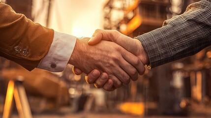 Exchange of trust and partnership shown in a handshake between construction workers.