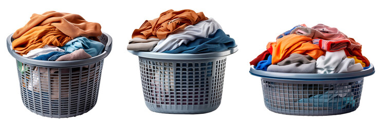 group of grey plastic basket of messy laundry with different sizes isolated on white
