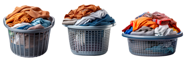 group of grey plastic basket of messy laundry with different sizes isolated on white