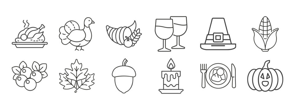 Thanksgiving and fall outline icons set including turkey pumpkin and cornucopia