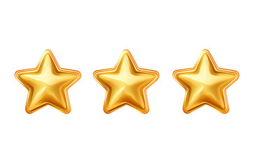 3 golden five-star icons, one in the center and two more on each side, on an isolated transparent background.