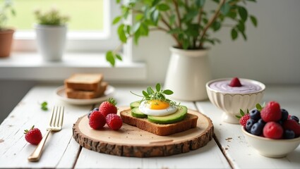 Healthy breakfast featuring superfoods like avocado, eggs, and mixed berries on a wooden table