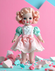 Fototapeta premium A porcelain doll breaking apart in a candy-colored dream world, visual tension