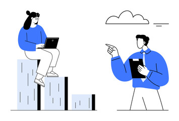 Businesswoman working on laptop seated atop bar chart while man points and holds clipboard. Ideal for collaboration, teamwork, data analysis, leadership, business strategy, communication, growth