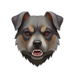A digital portrait of an angry Rottweiler dog with red eyes and a menacing expression, set against a clean white background.