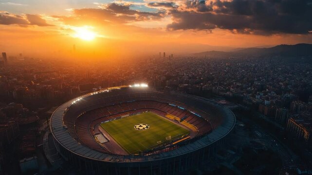 Breathtaking Aerial View of Football Stadium Against a Golden Sunset Skyline