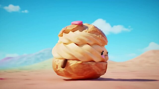 Cream Puff Cartoon Character with Smiling Face Walking in Bright Desert Scene