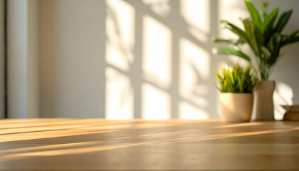 Wooden Table with Sunlight and Potted Plants