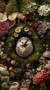 A tiny hedgehog nestled among moss, mushrooms, and wildflowers
