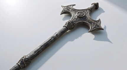 Old antique metal cross mace on a white background, isolated with a vintage key symbol