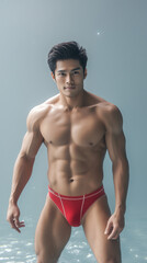 Fototapeta premium Attractive Male Model Wearing Elegant White Swim Briefs by the Water 