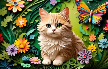 American Curl cat sits in a colorful garden, surrounded by paper-crafted flowers and butterflies. The scene is playful, vibrant, and whimsical, with a lush green background.