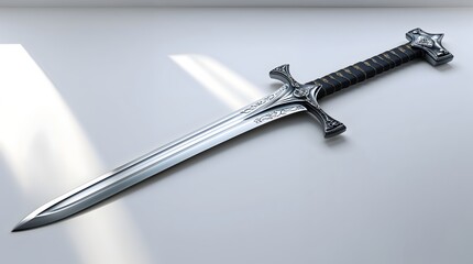 Antique metallic sword blade with a key isolated on white background